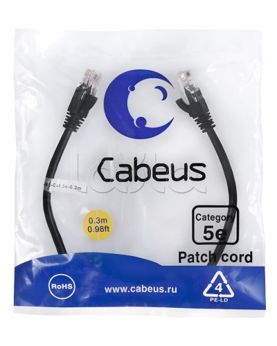Патч-корд UTP, категория 5e, 0.3 м, неэкранированный, черный Cabeus PC-UTP-RJ45-Cat.5e-0.3m-BK в Пятигорске Патчкорды (медные) Pintop.ru
