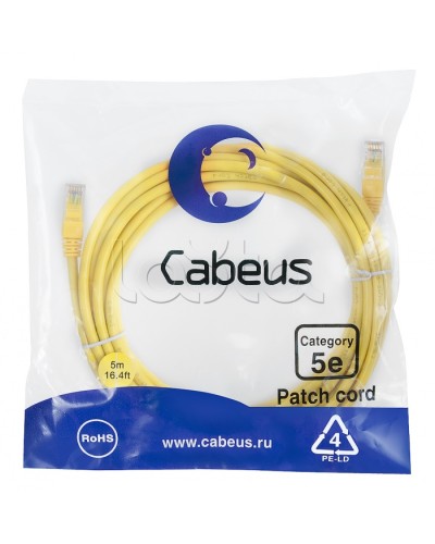 Патч-корд UTP, категория 5e, 5 м, неэкранированный, желтый Cabeus PC-UTP-RJ45-Cat.5e-5m-YL в Пятигорске Патчкорды (медные) Pintop.ru