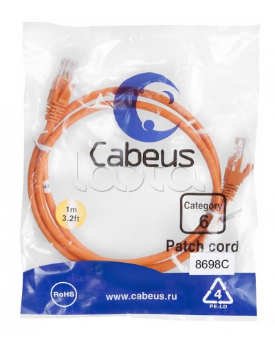 Патч-корд UTP, категория 6, 1 м, неэкранированный, оранжевый Cabeus PC-UTP-RJ45-Cat.6-1m-OR в Пятигорске Патчкорды (медные) Pintop.ru
