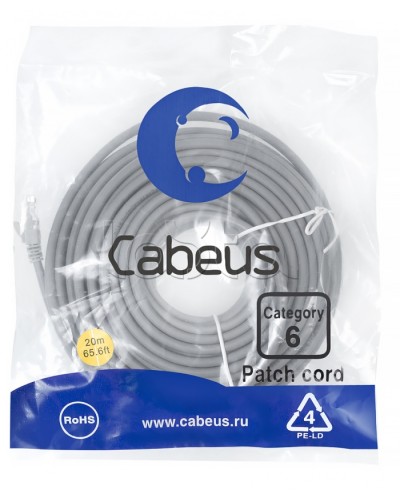 Патч-корд UTP, категория 6, 20 м, неэкранированный, серый Cabeus PC-UTP-RJ45-Cat.6-20m в Пятигорске Патчкорды (медные) Pintop.ru