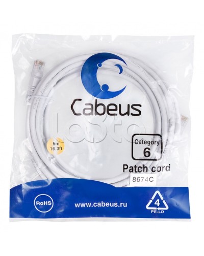 Патч-корд UTP, категория 6, 5 м, неэкранированный, белый Cabeus PC-UTP-RJ45-Cat.6-5m-WH в Пятигорске Патчкорды (медные) Pintop.ru
