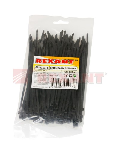 Хомут-стяжка нейлоновый 4х150 мм чёрный (100шт/уп) REXANT 07-0151-4 в Пятигорске Стяжки-хомуты Pintop.ru